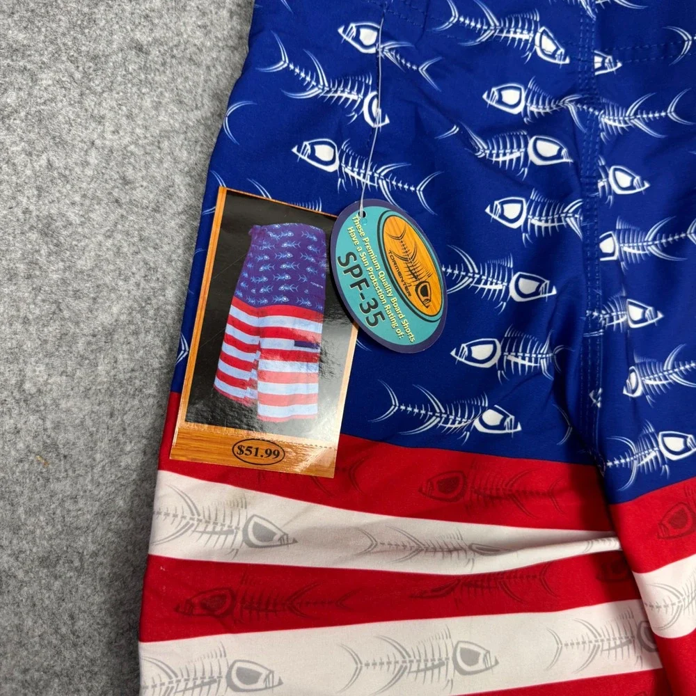 Tormenter Mens American Flag Fish Bone Board Shorts Blue Red White SPF35 Size 30